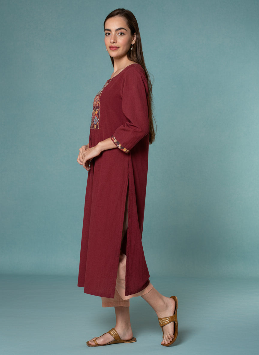 MAROON EMBROIDERED COTTON LINEN KURTA WITH MUSTARD YELLOW VISCOSE PANTS
