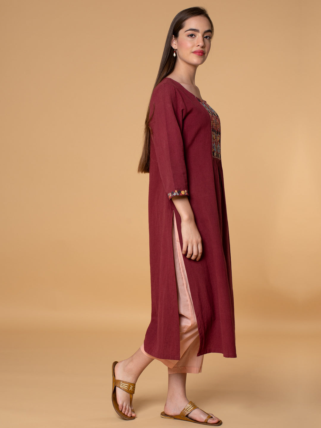 MAROON EMBROIDERED COTTON LINEN KURTA WITH MUSTARD YELLOW VISCOSE PANTS