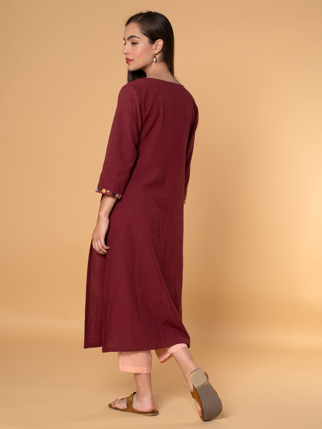 MAROON EMBROIDERED COTTON LINEN KURTA WITH MUSTARD YELLOW VISCOSE PANTS
