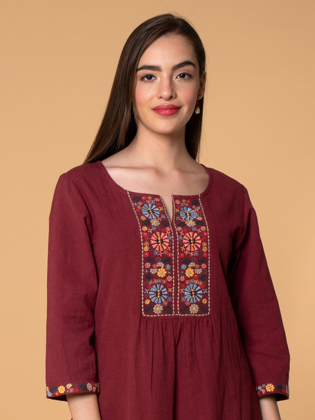 MAROON EMBROIDERED COTTON LINEN KURTA WITH MUSTARD YELLOW VISCOSE PANTS