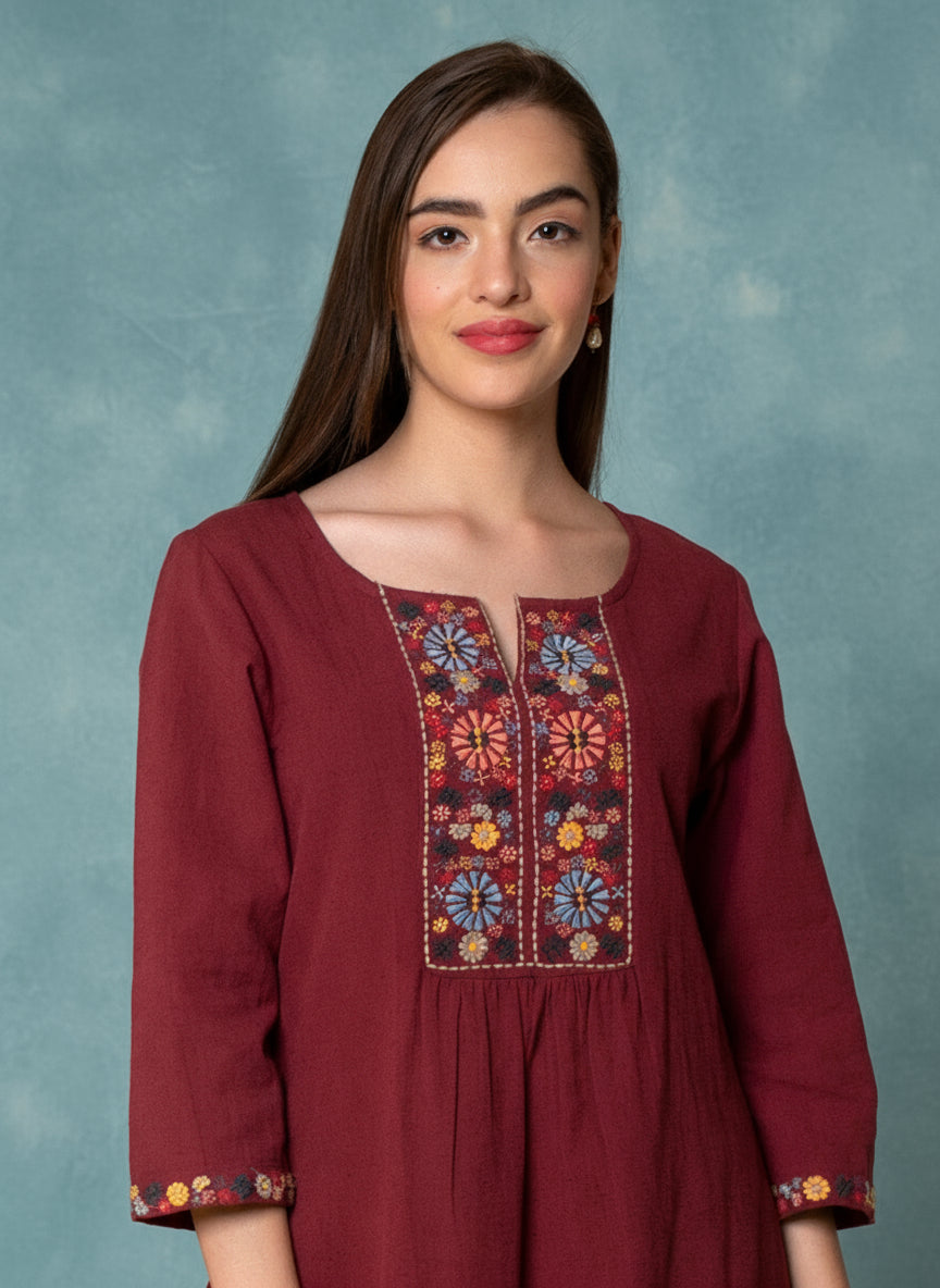 MAROON EMBROIDERED COTTON LINEN KURTA WITH MUSTARD YELLOW VISCOSE PANTS
