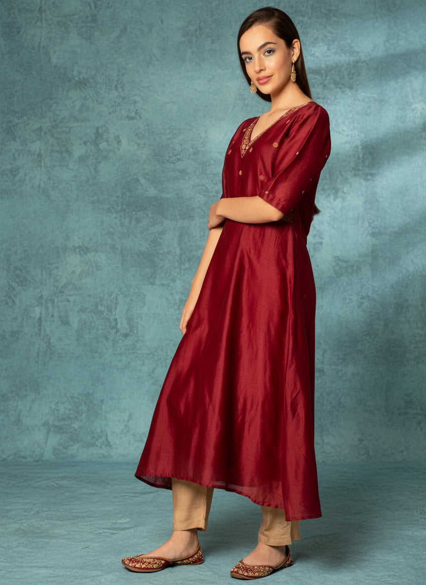 MAROON EMBROIDERED CHANDERI KURTA WITH BEIGE VISCOSE PANTS