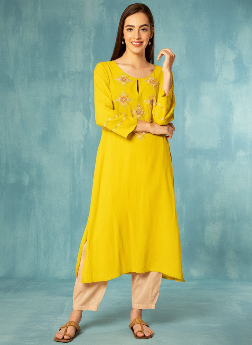 LEMON YELLOW EMBROIDERED LINEN VISCOSE KURTA WITH PEACH COTTON PANTS