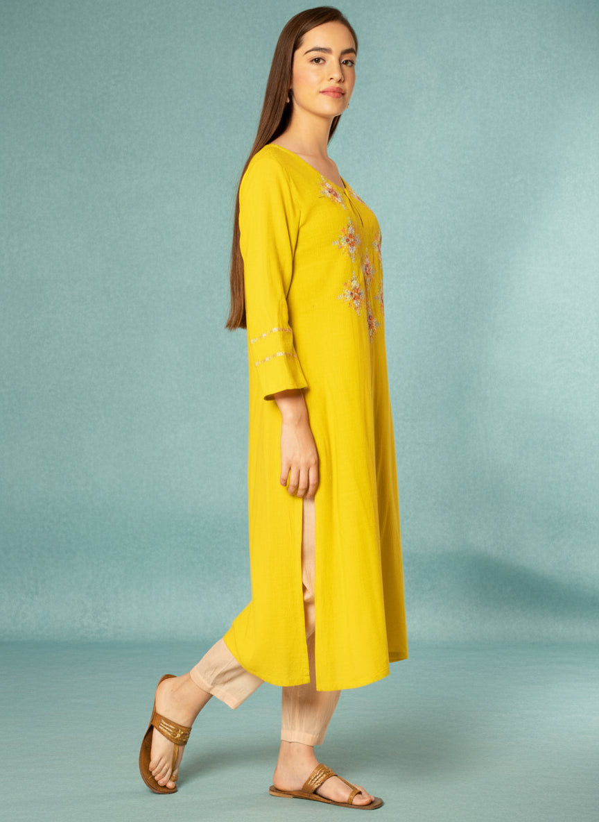 LEMON YELLOW EMBROIDERED LINEN VISCOSE KURTA WITH PEACH COTTON PANTS