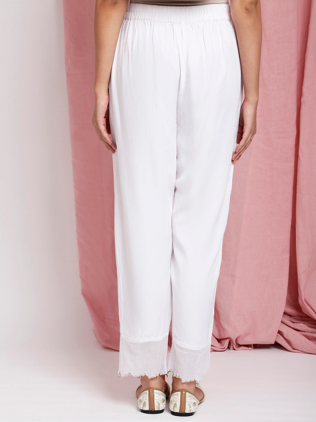 WHITE COTTON SILK PLEATED PANTS