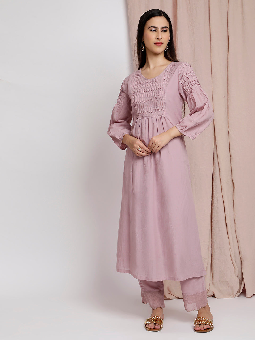 MAUVE COTTON SILK PLEATED KURTA