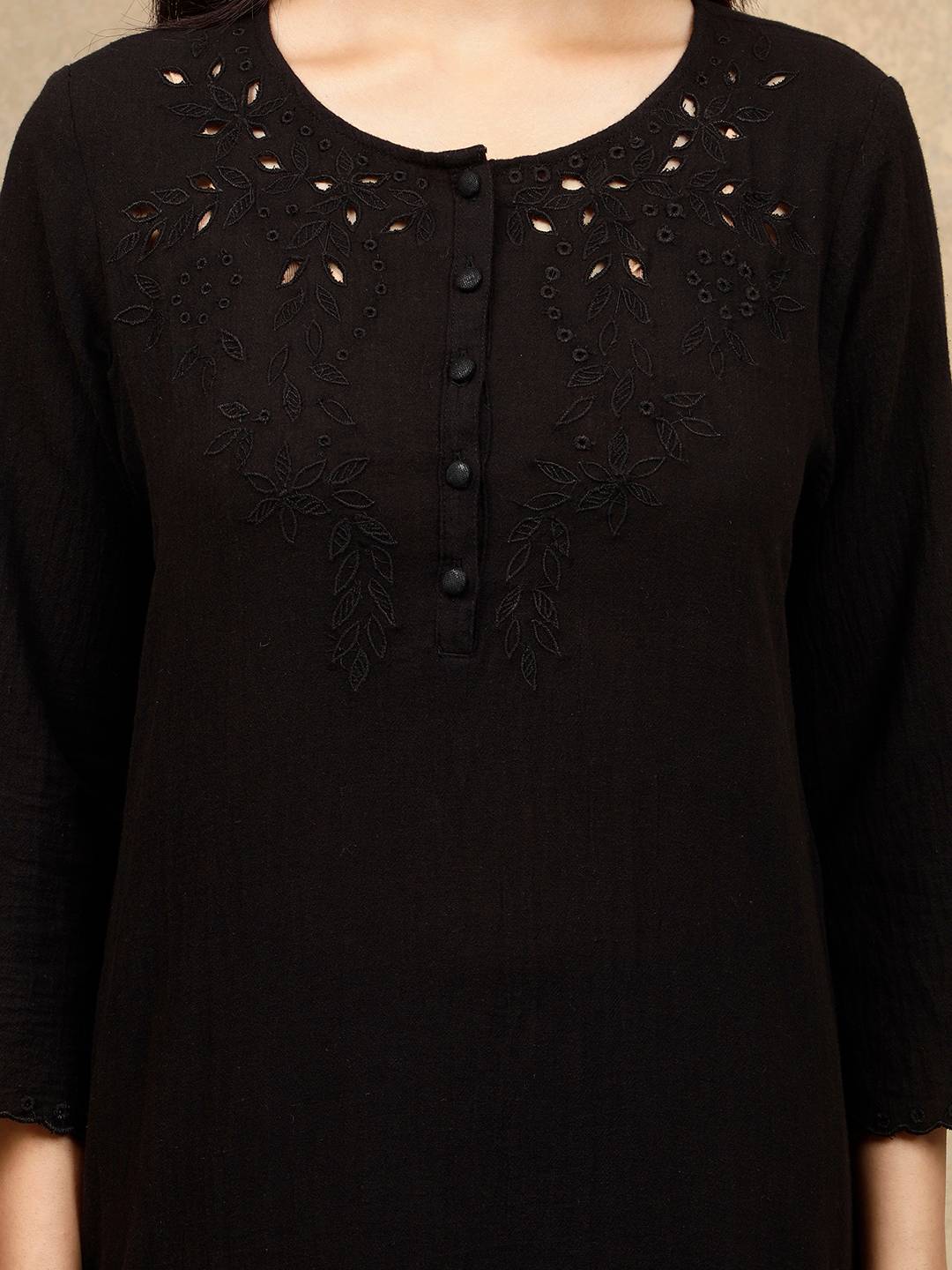 BLACK CUTWORK EMBROIDERED COTTON KURTA