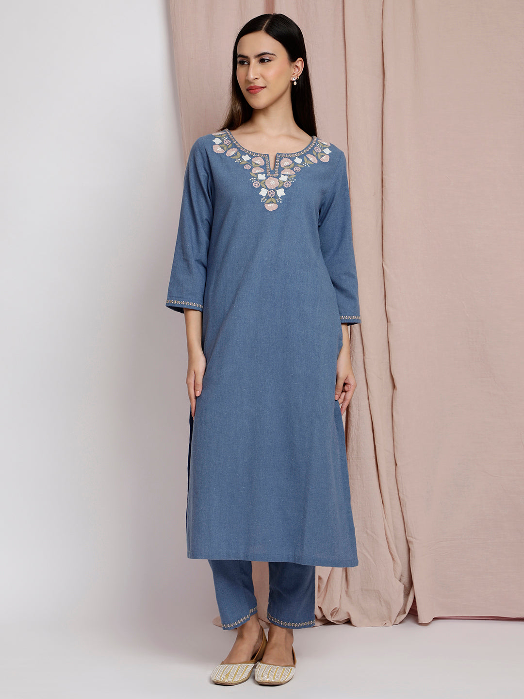 BLUE COTTON APPLIQUE EMBROIDERED KURTA