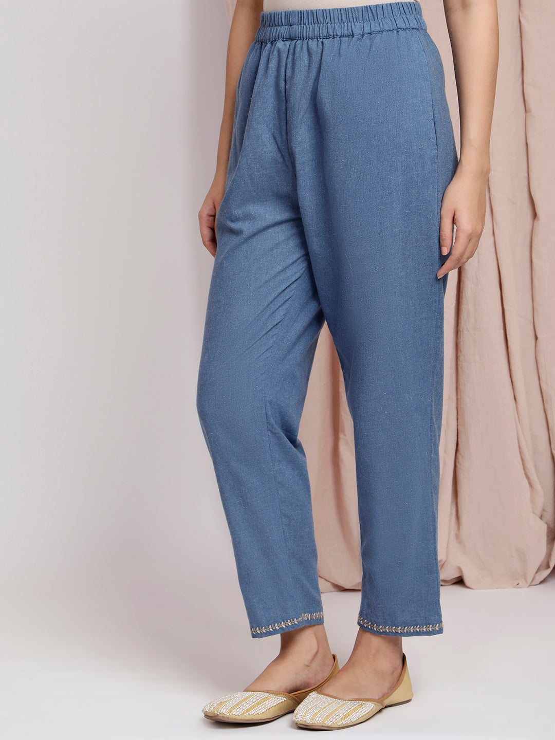 BLUE COTTON EMBROIDERED PANT