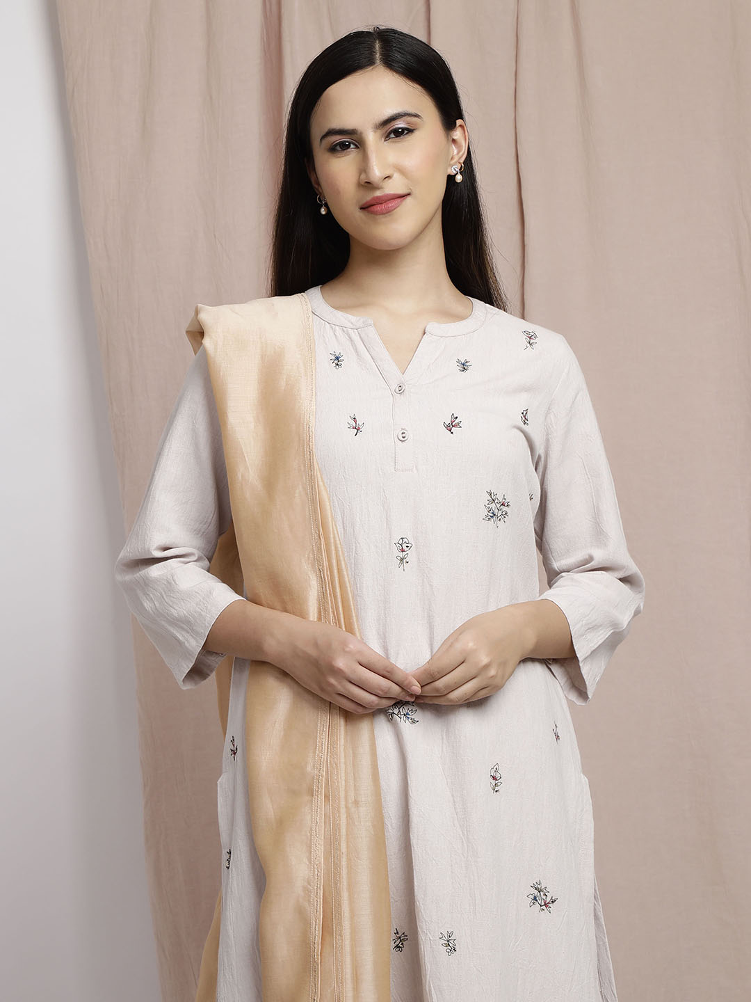 GREY COTTON LINEN EMBROIDERED KURTA WITH PANTS