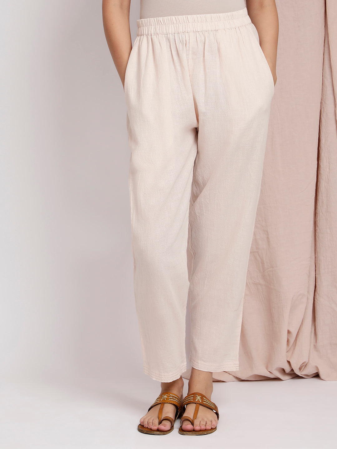 BEIGE EMBROIDERED COTTON KURTA WITH PANTS