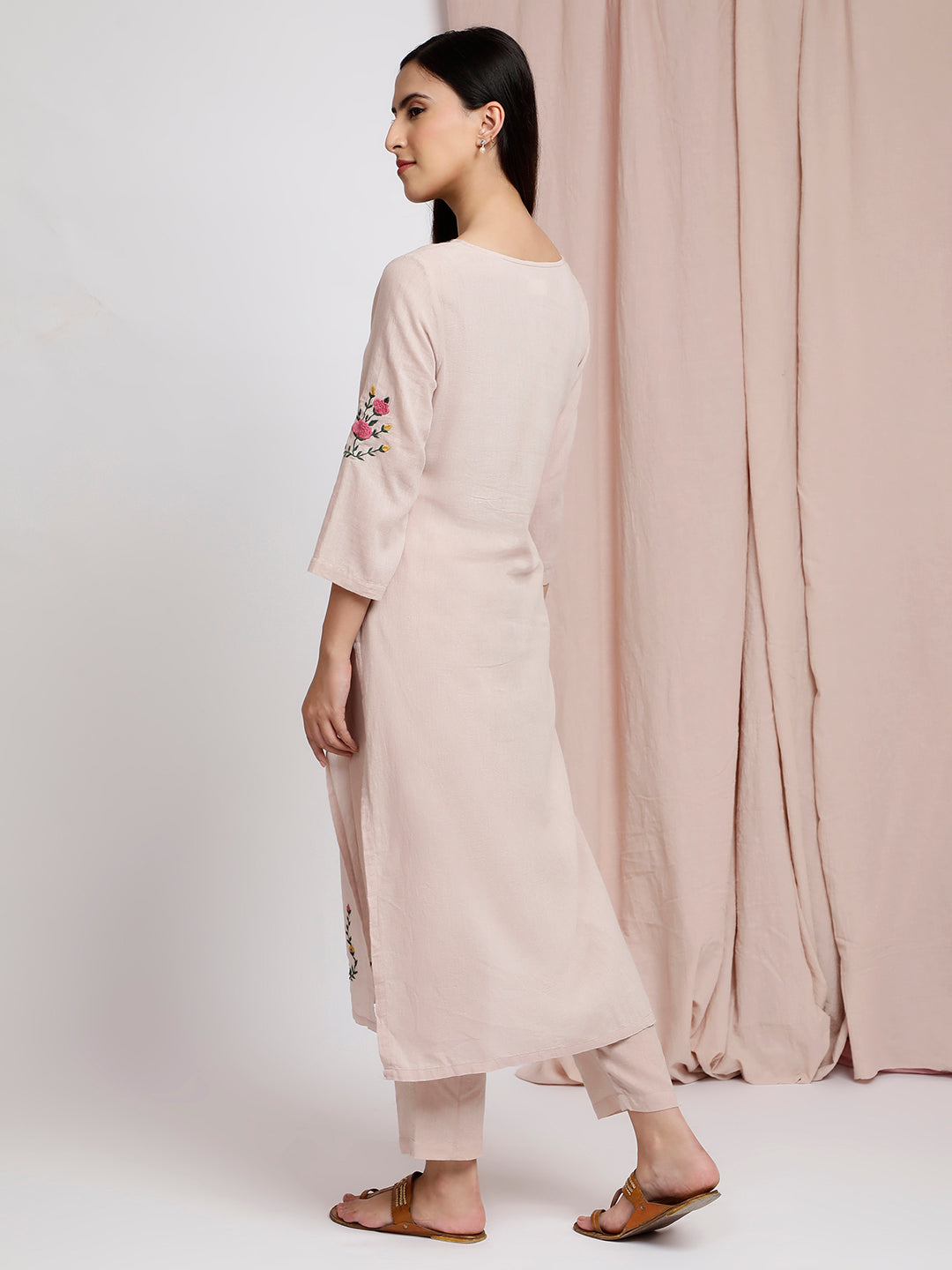 PASTEL PINK FRONT EMBROIDERED KURTA WITH PANTS