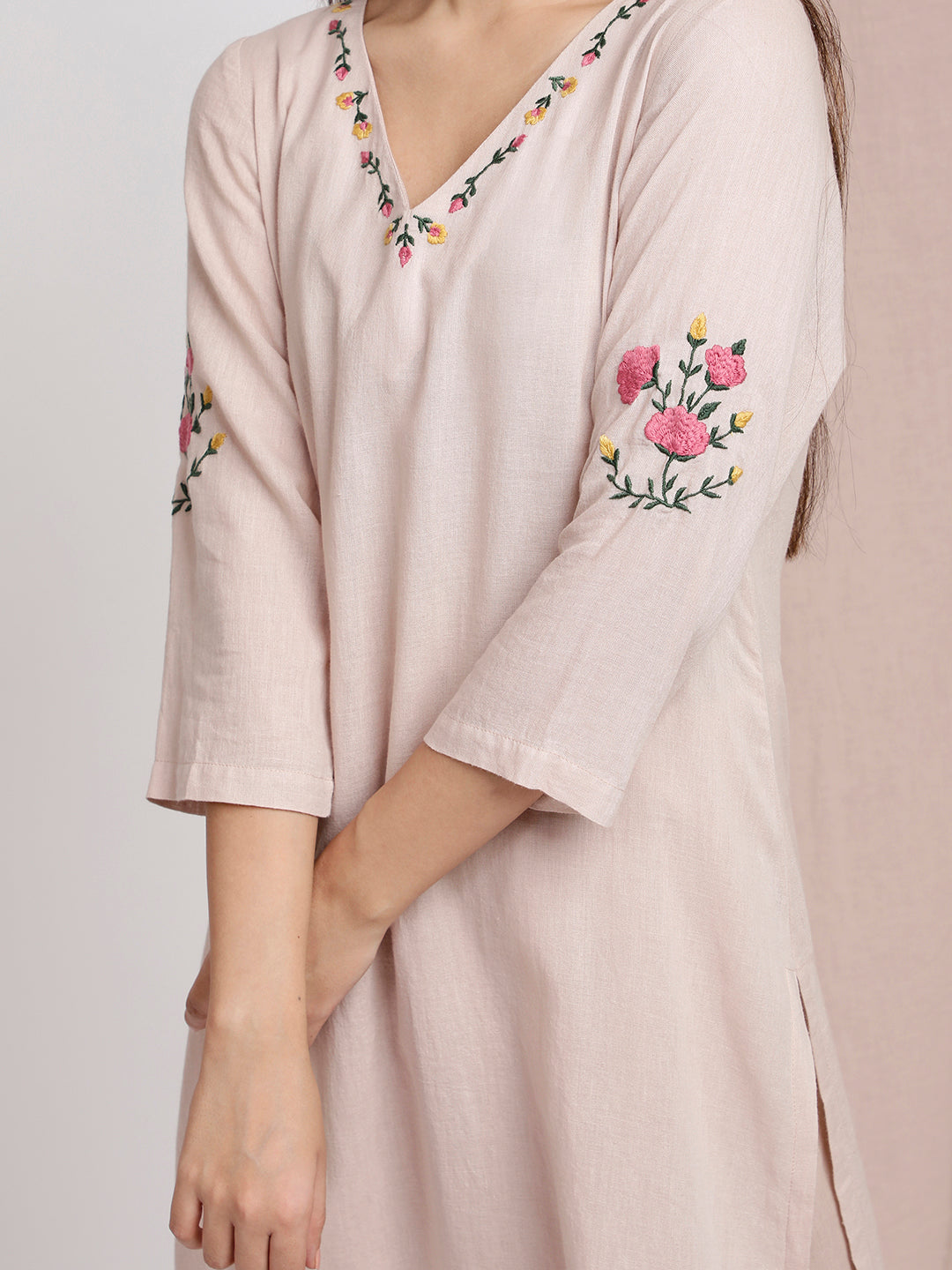 PASTEL PINK FRONT EMBROIDERED KURTA WITH PANTS