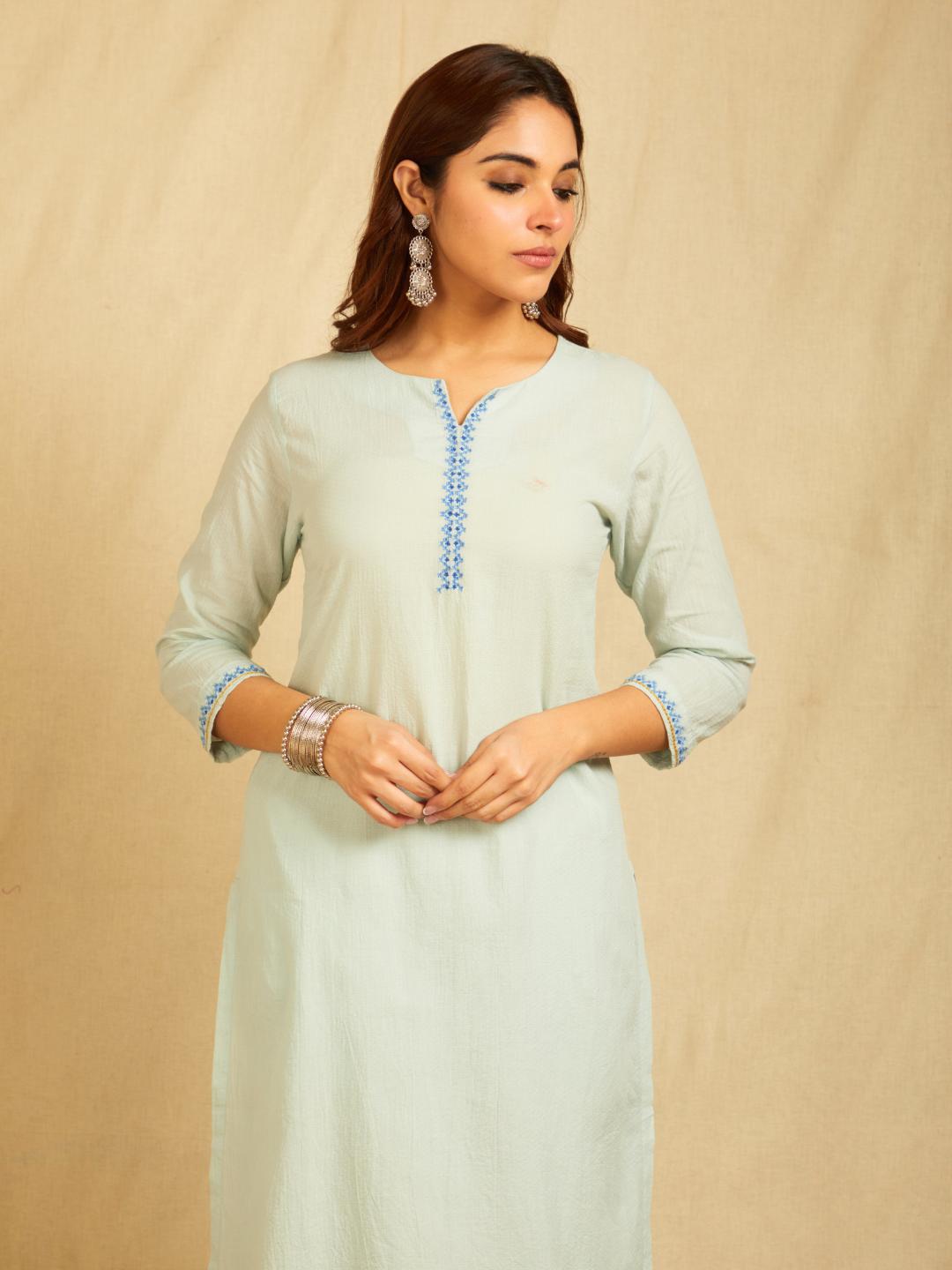 Mint Blue Cotton Dobby Embroidered Kurta With Pants And Contrast Royal Blue Dupatta