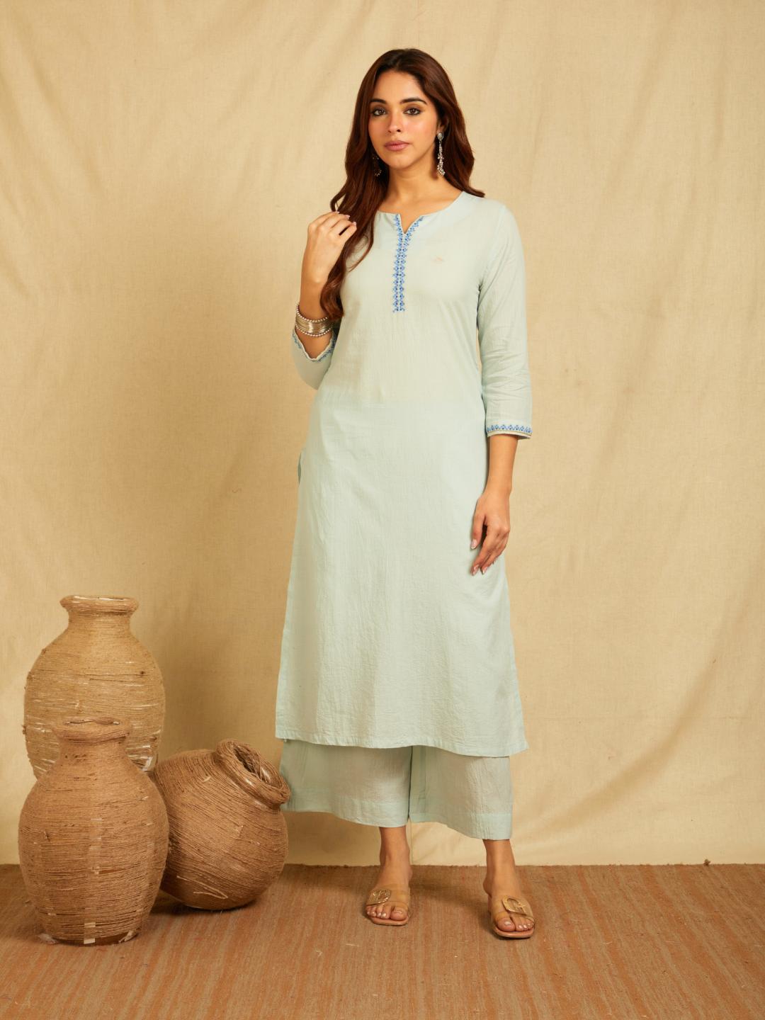 Mint Blue Cotton Dobby Embroidered Kurta With Pants And Contrast Royal Blue Dupatta