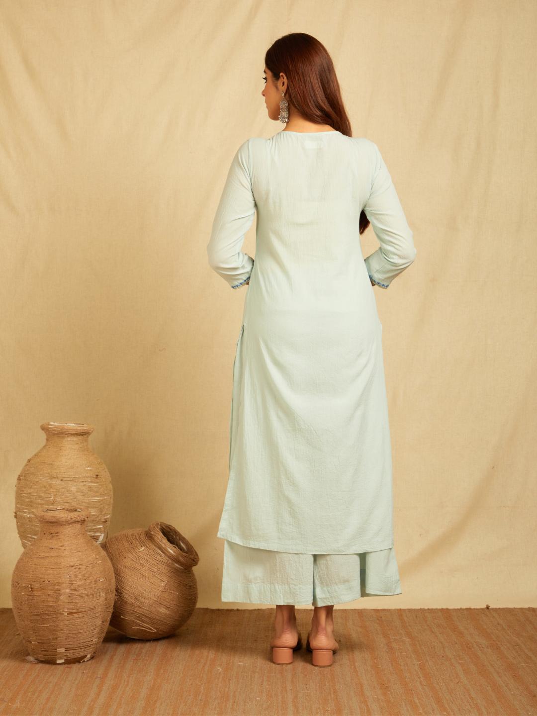 Mint Blue Cotton Dobby Embroidered Kurta With Pants And Contrast Royal Blue Dupatta