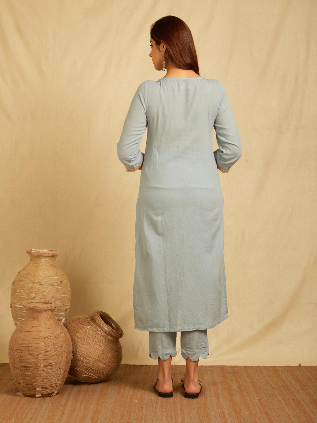Sky Blue V-Neck Multi Color Embroidered Kurta With Pants