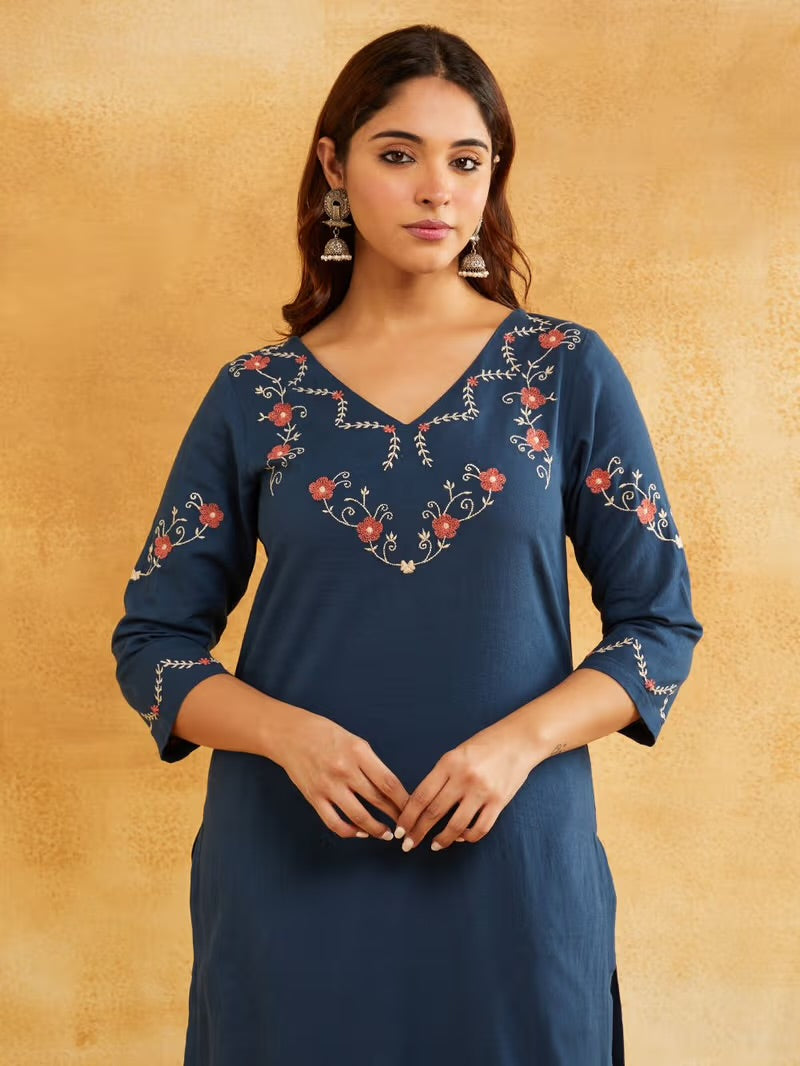 Blue Embroidered Cotton Linen Kurta with Pants