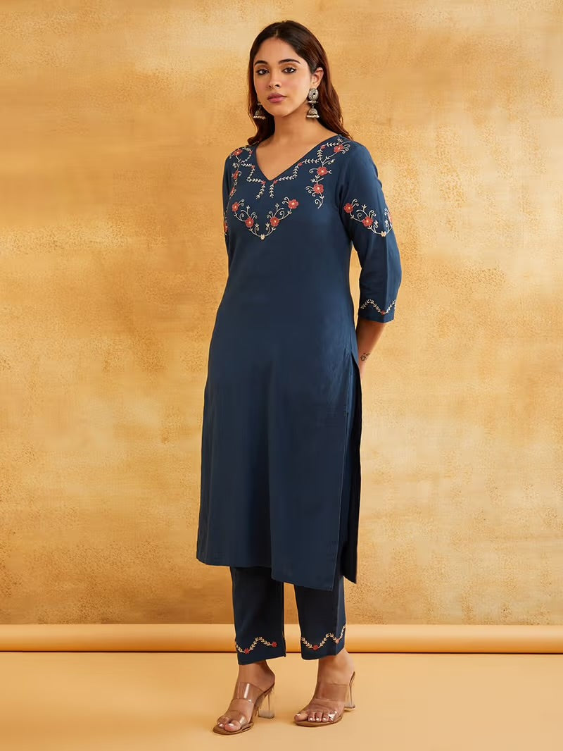 Blue Embroidered Cotton Linen Kurta with Pants