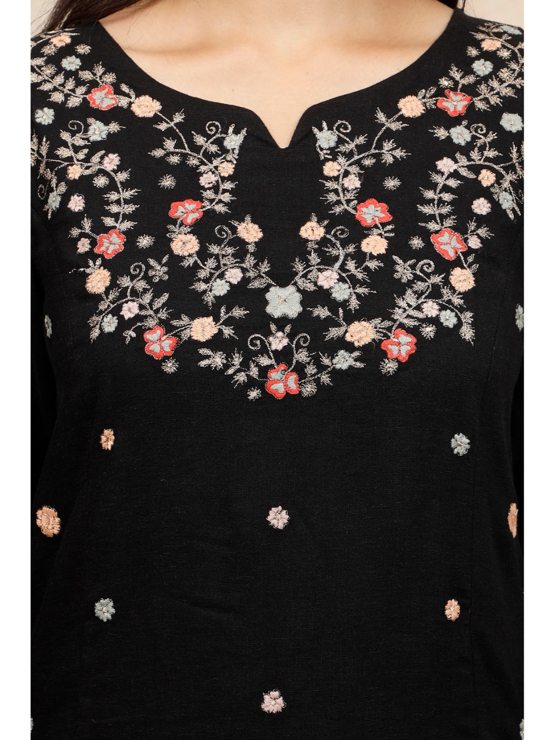 BLACK EMBROIDERED VISCOSE LINEN KURTA