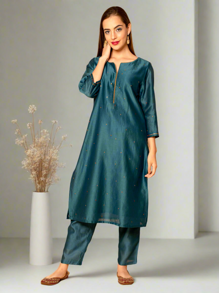 TEAL BLUE SEQUINS EMBROIDERED CHANDERI KURTA WITH PANTS