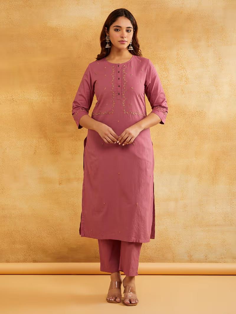 Blush Pink Hand Embroidered Kurta Pants- Set of 2