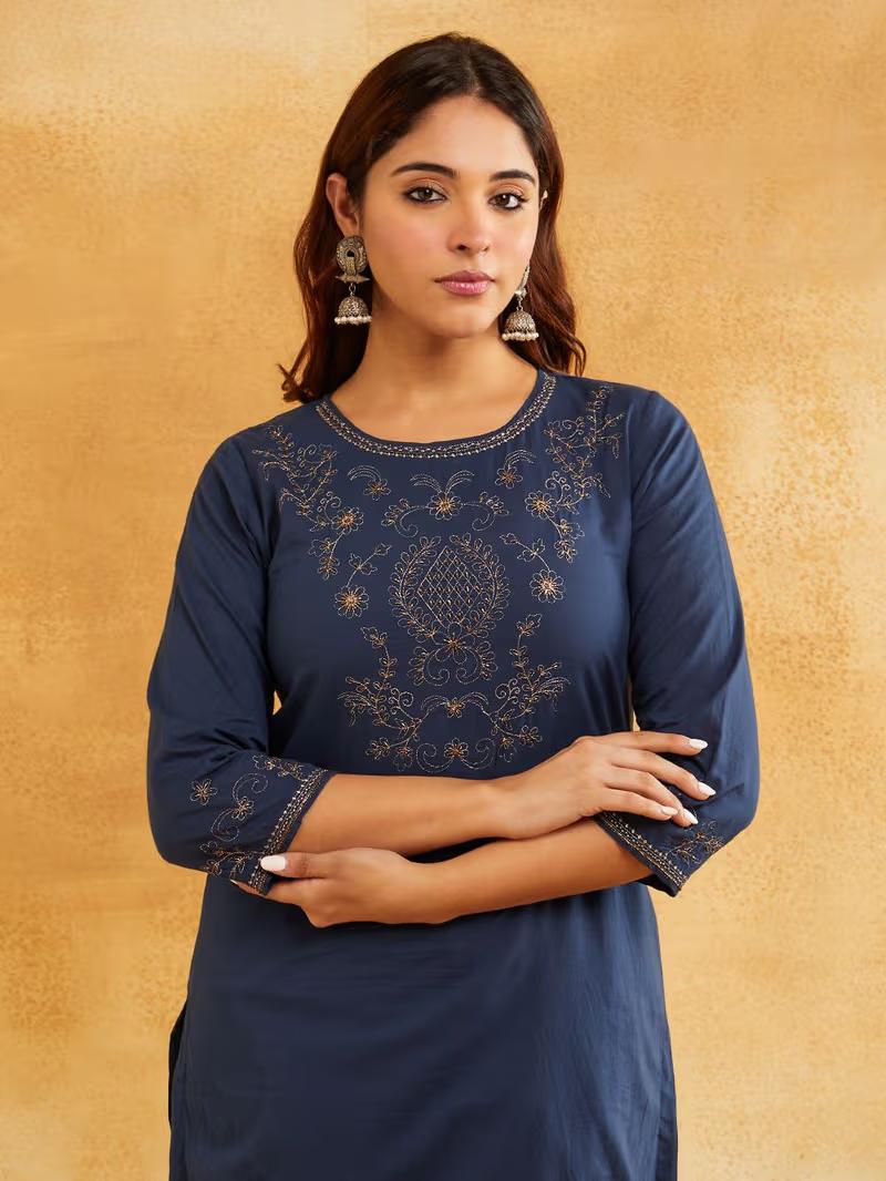 Blue Zari Embroidered Kurta Pants- Set of 2