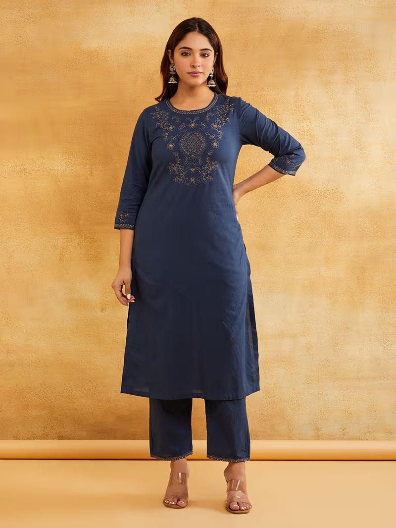 Blue Zari Embroidered Kurta Pants- Set of 2
