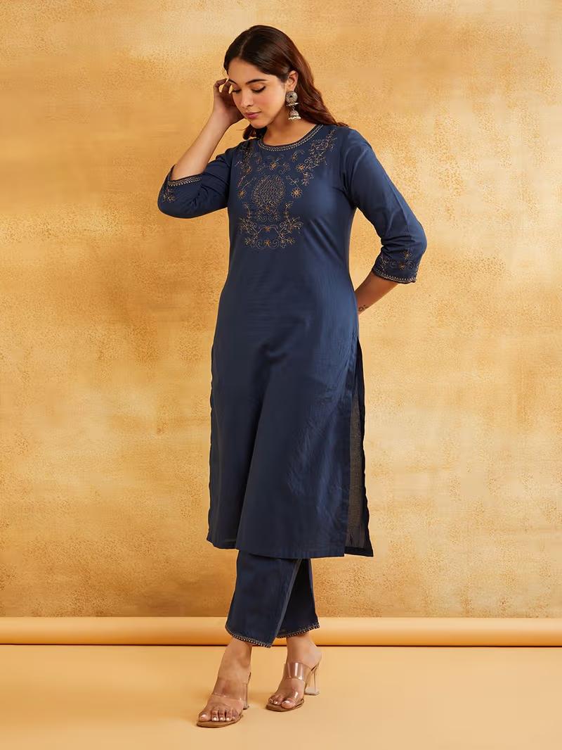 Blue Zari Embroidered Kurta Pants- Set of 2