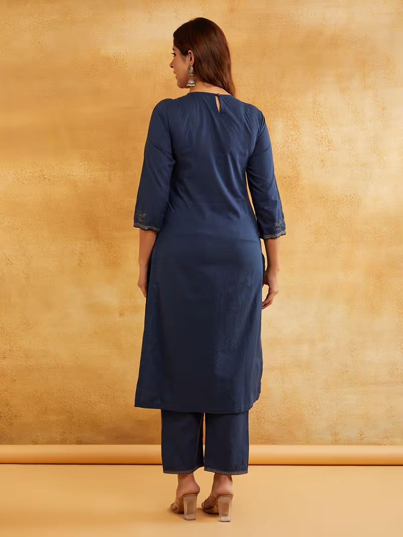 Blue Zari Embroidered Kurta Pants- Set of 2
