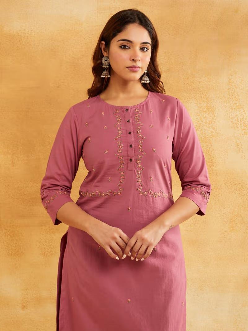 Blush Pink Hand Embroidered Kurta Pants- Set of 2