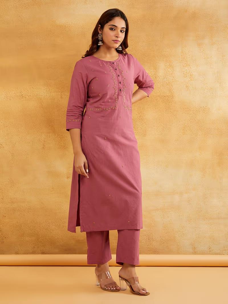 Blush Pink Hand Embroidered Kurta Pants- Set of 2