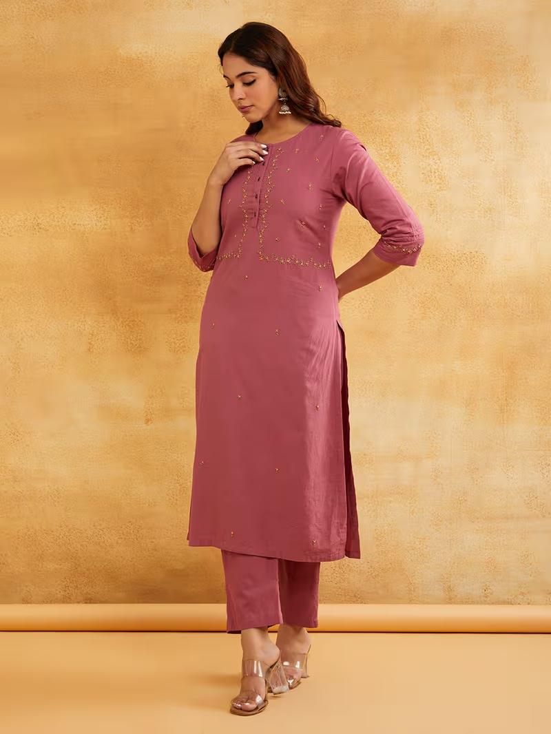 Blush Pink Hand Embroidered Kurta Pants- Set of 2