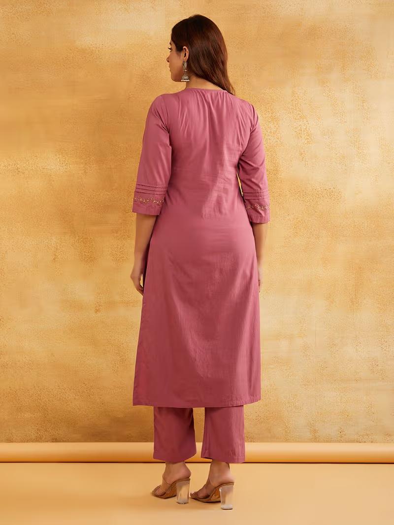Blush Pink Hand Embroidered Kurta Pants- Set of 2