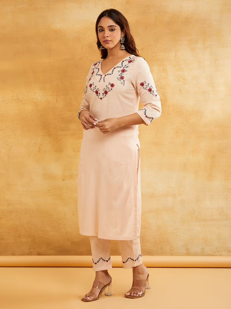 Light Pink Embroidered Cotton Linen Kurta with Pants