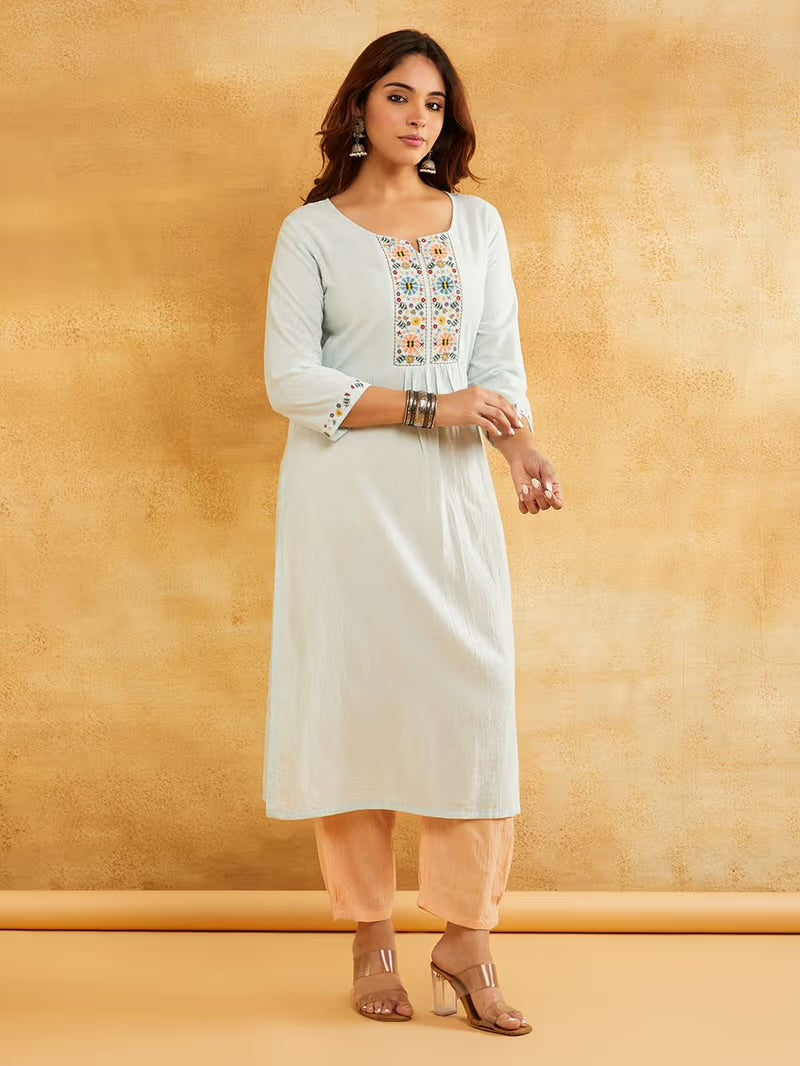 Sky Blue Embroidered Cotton Kurta with Peach Pants