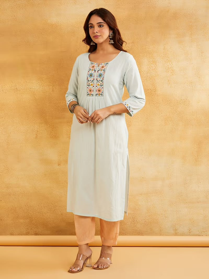 Sky Blue Embroidered Cotton Kurta with Peach Pants