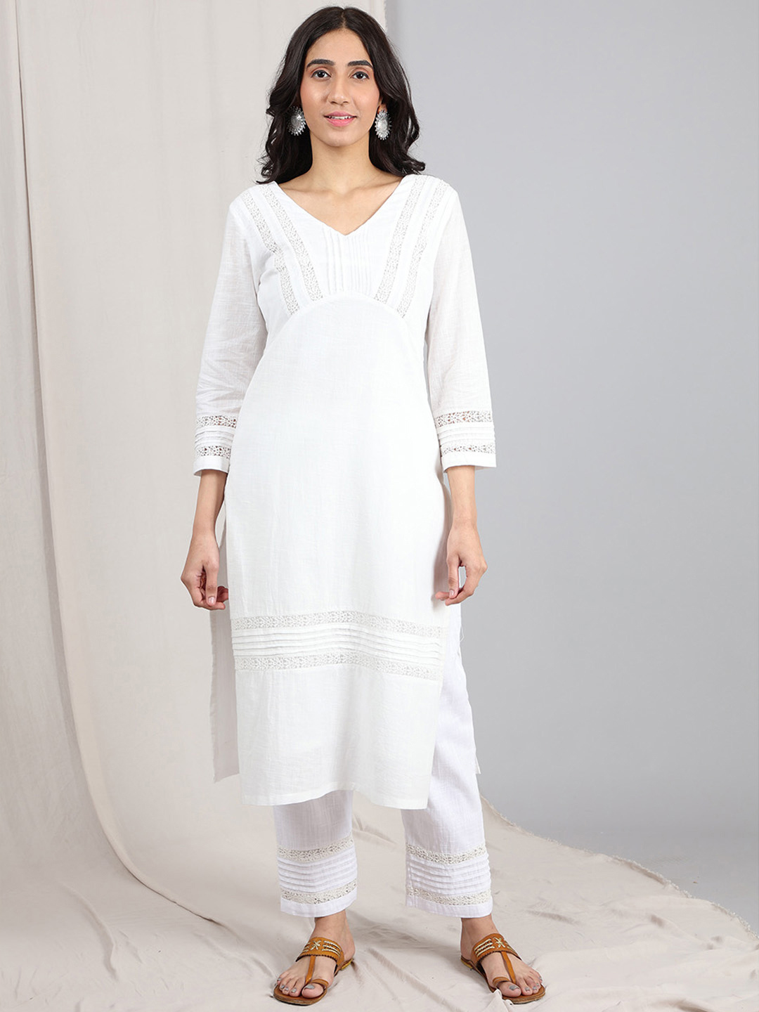 IVORY COTTON SLUB PLEATED KURTA