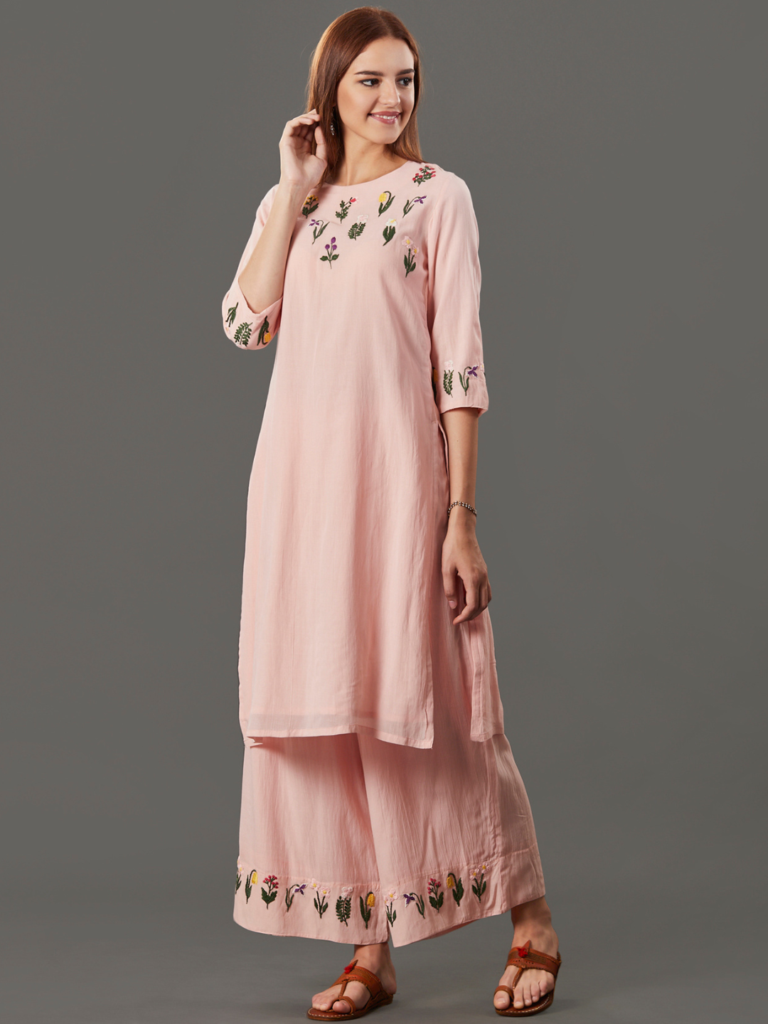 PEACH EMBROIDERED COTTON SILK KURTA WITH PALAZZO