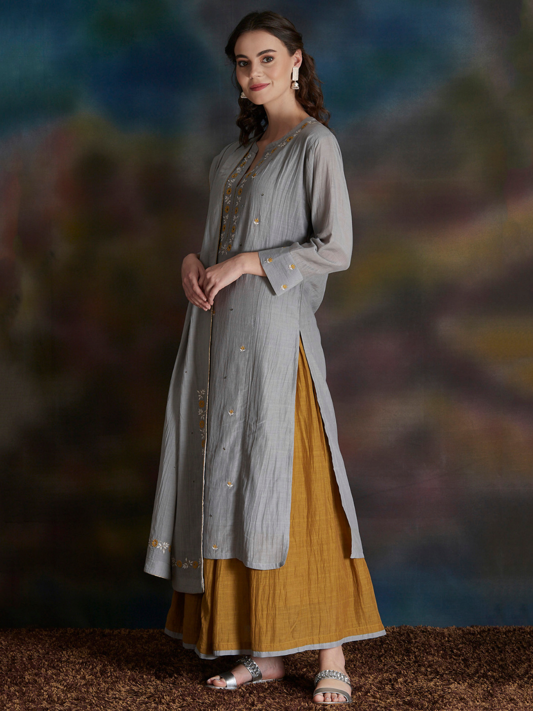 GREY EMBROIDERED COTTON SILK KURTA WITH OLIVE GREEN GATHERED SKIRT