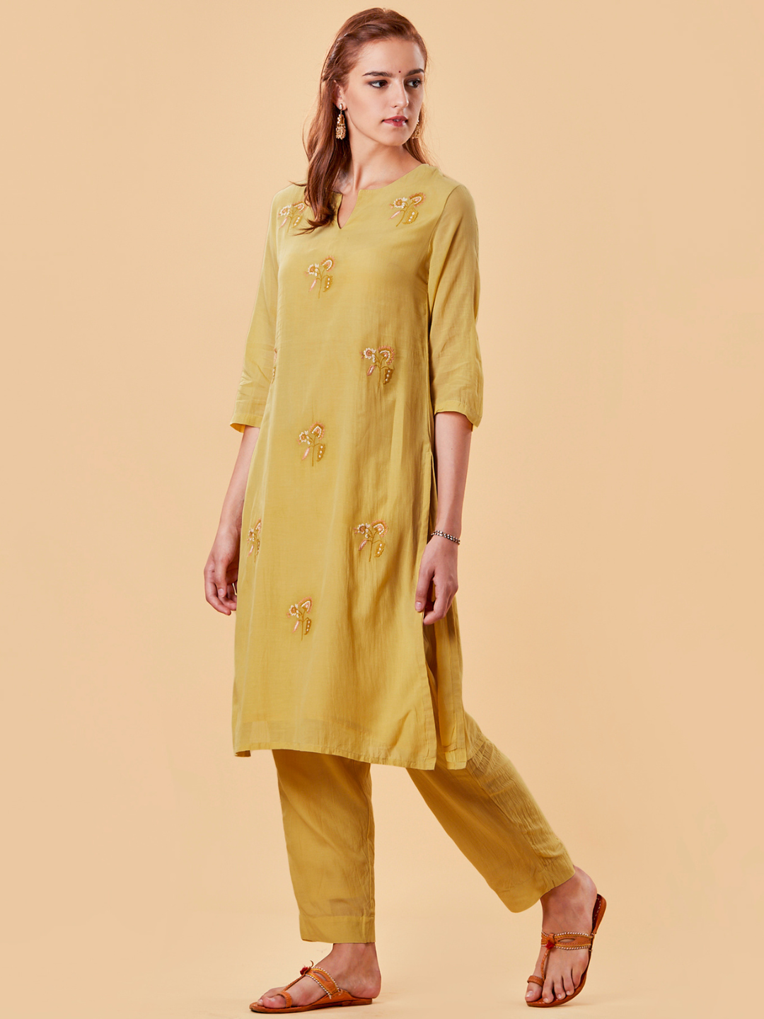 MUSTARD YELLOW EMBROIDERED COTTON SILK KURTA WITH PANTS