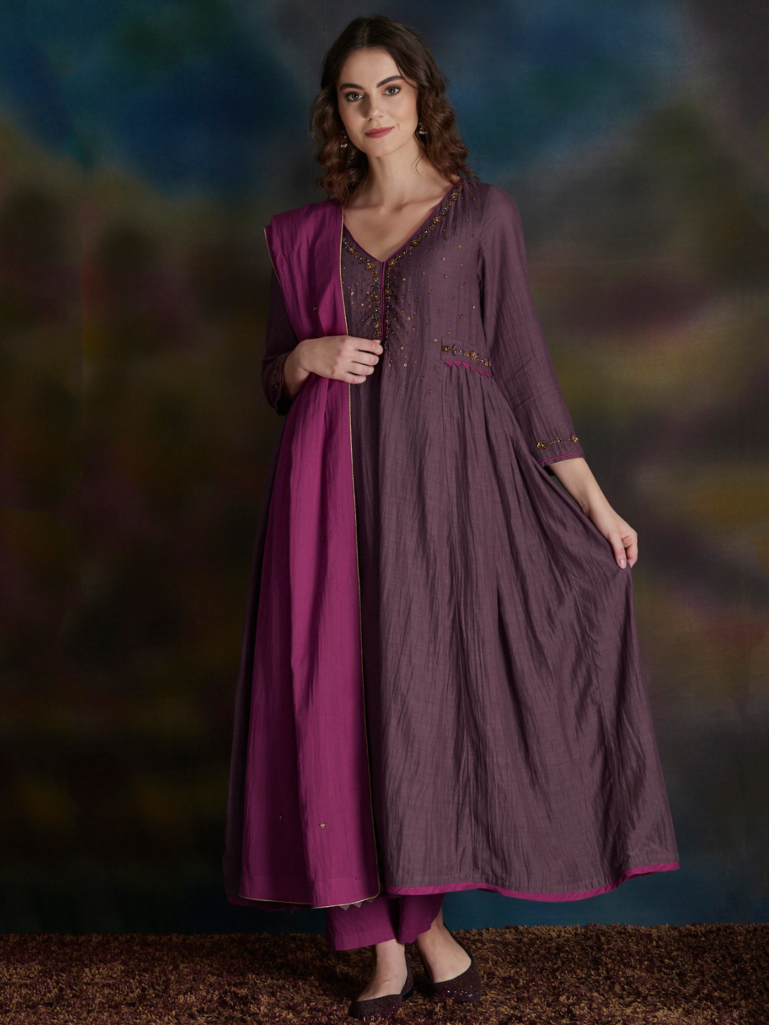 MAUVE EMBELLISHED COTTON SILK ANARKALI KURTA WITH MAGENTA PANTS & DUPATTA