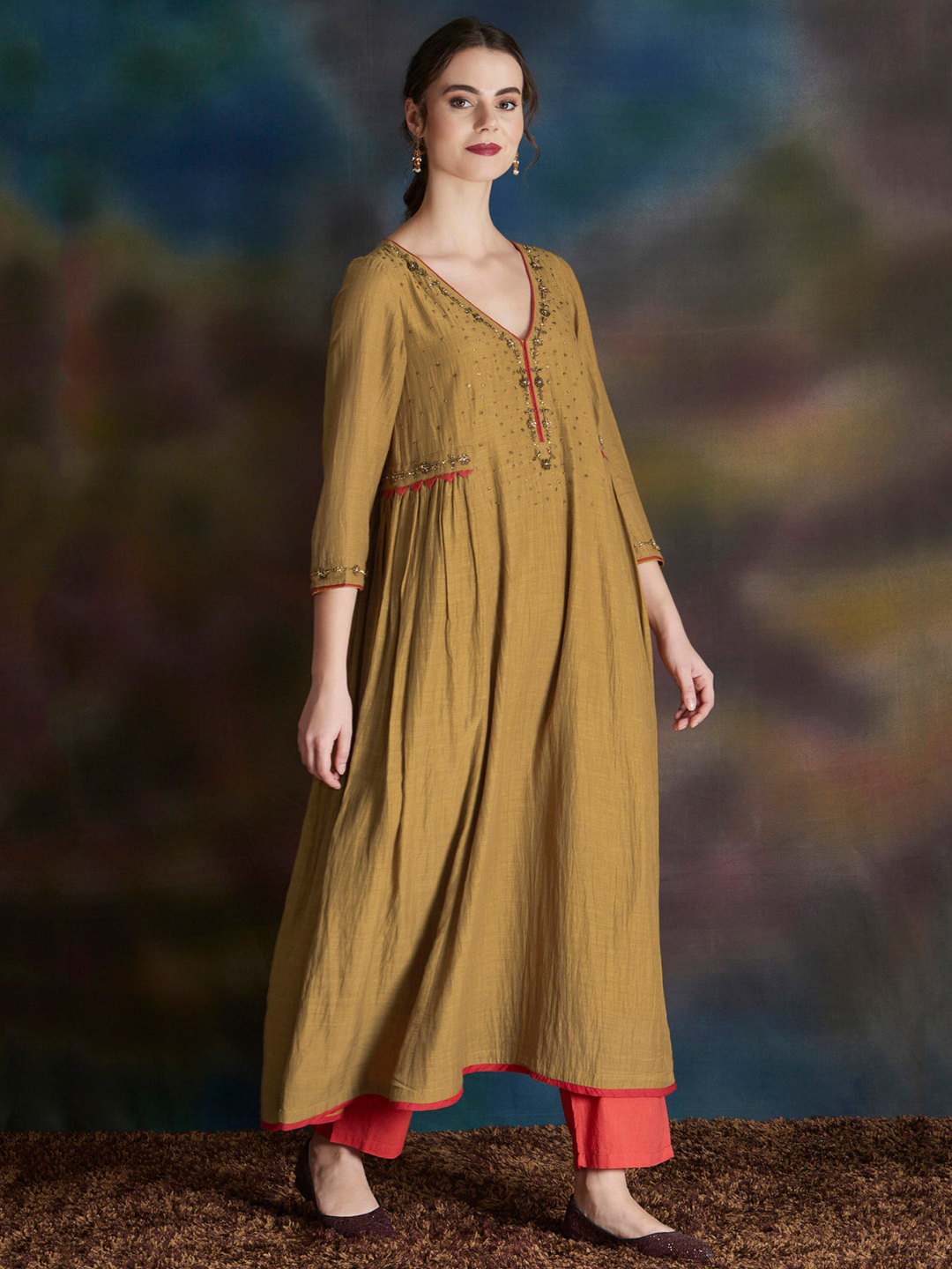 MUSTARD YELLOW EMBELLISHED COTTON SILK ANARKALI KURTA WITH CAMBRIC COTTON PANTS & DUPATTA