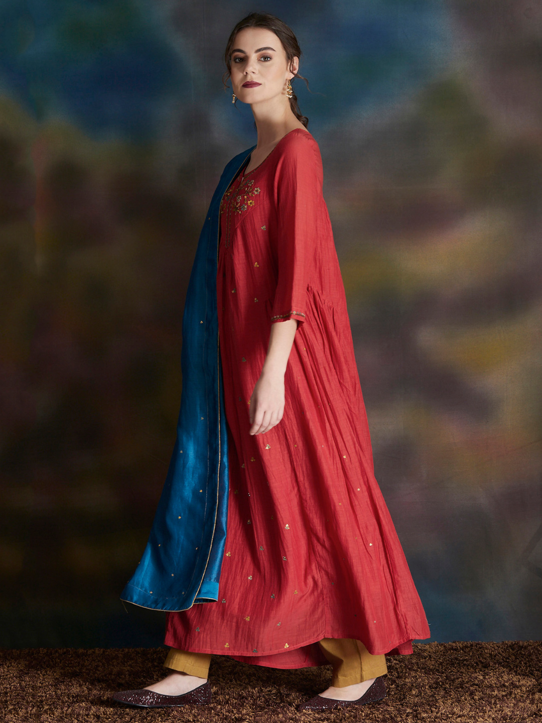 RUST EMBELLISHED COTTON SILK KURTA WITH MUSTARD YELLOW PANTS