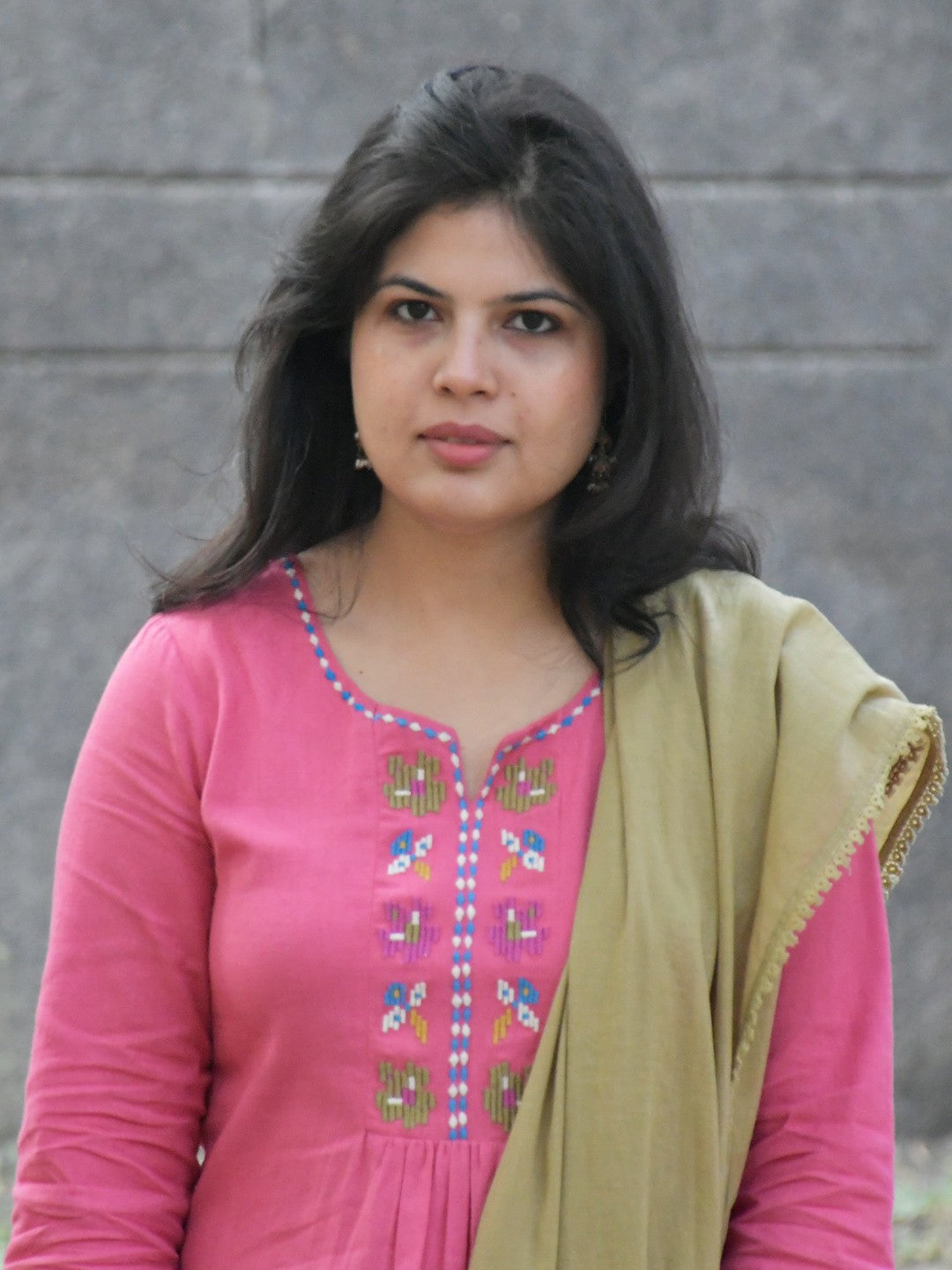 Pink Embroidered Cotton Linen Kurta with Pants & Dupatta