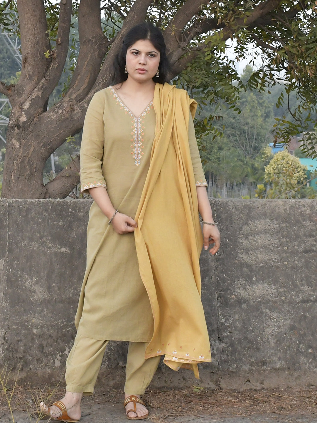 Khaki Green Cotton Embroidered Kurta with Pants & Dupatta