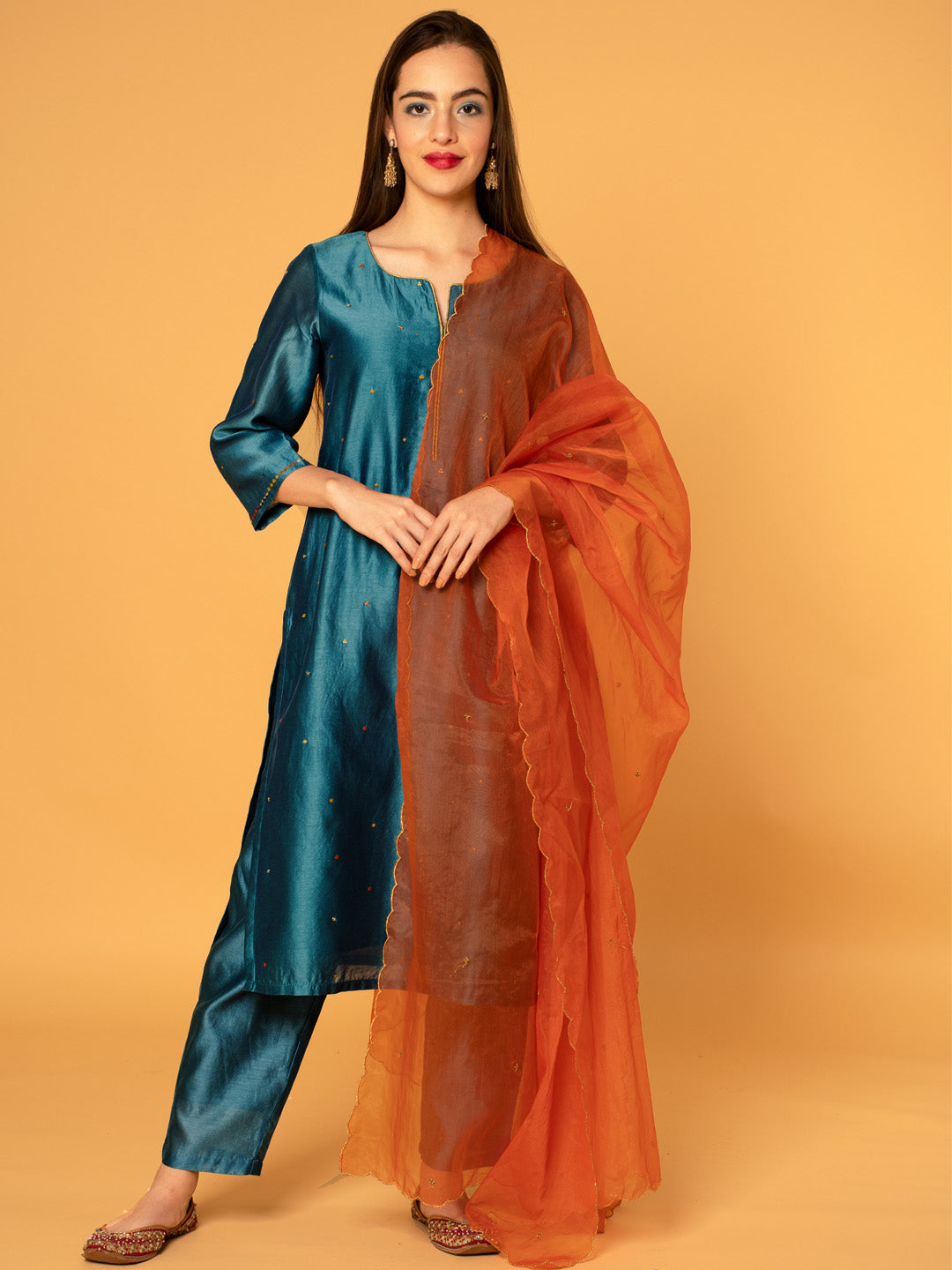 TEAL BLUE SEQUINS EMBROIDERED CHANDERI KURTA WITH PANTS