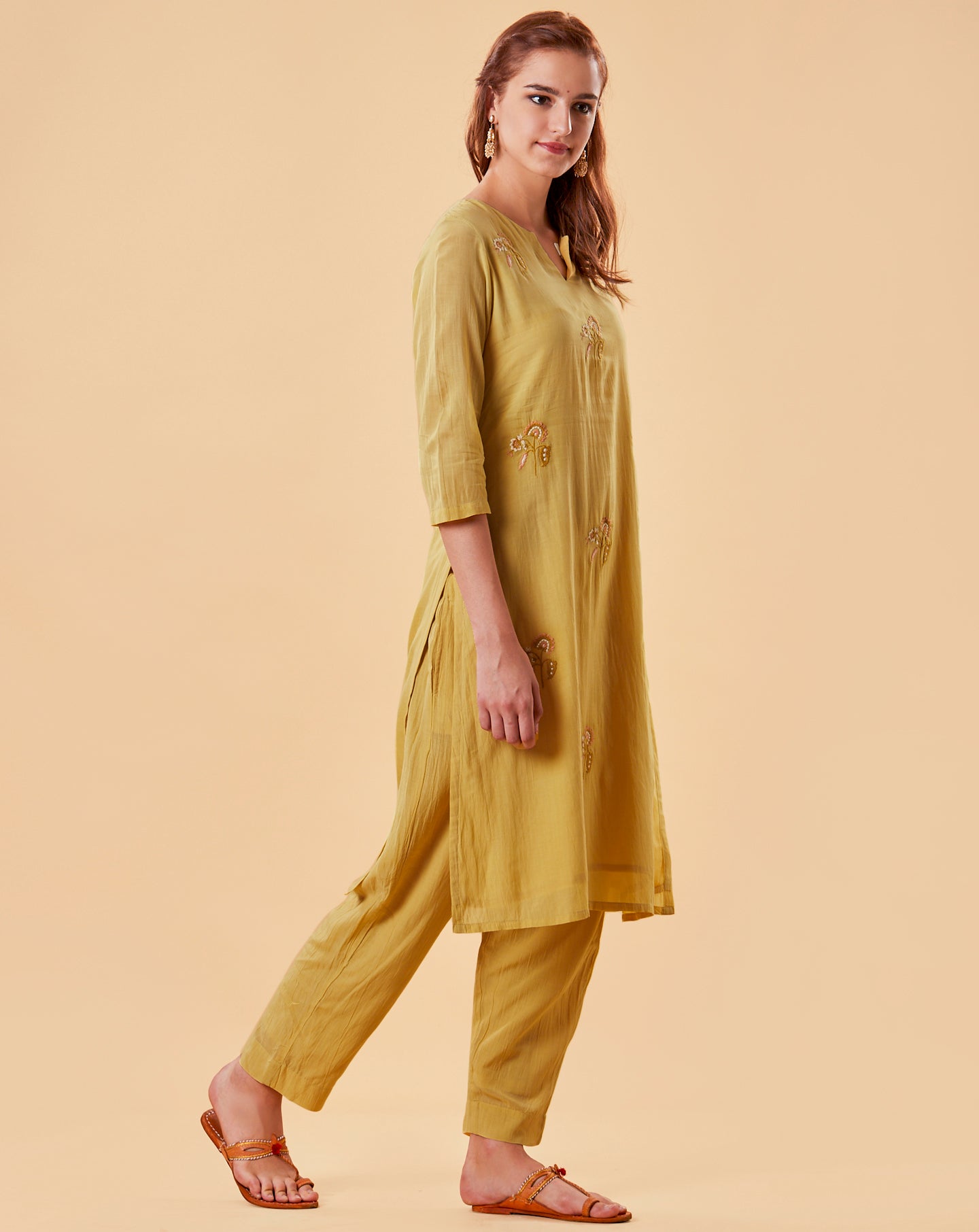 MUSTARD YELLOW EMBROIDERED COTTON SILK KURTA WITH PANTS