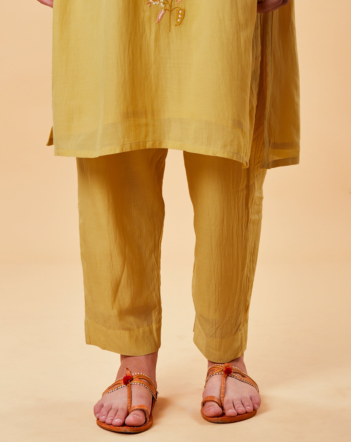 MUSTARD YELLOW EMBROIDERED COTTON SILK KURTA WITH PANTS