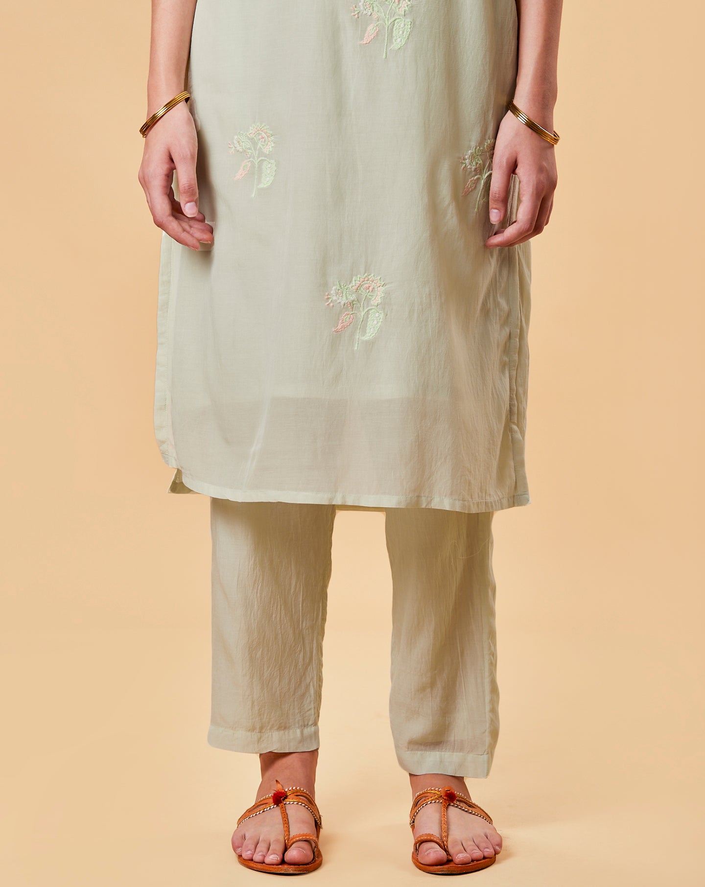 MINT GREEN EMBROIDERED COTTON SILK KURTA WITH PANTS